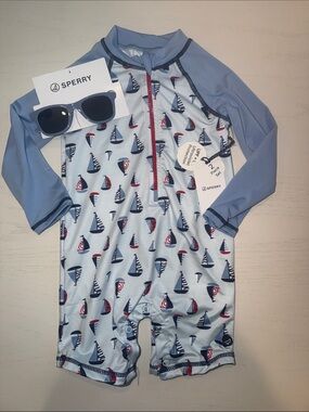 Sperry Blue Sailboat Boy Rashguard One-Piece with Sunglasses 24 months